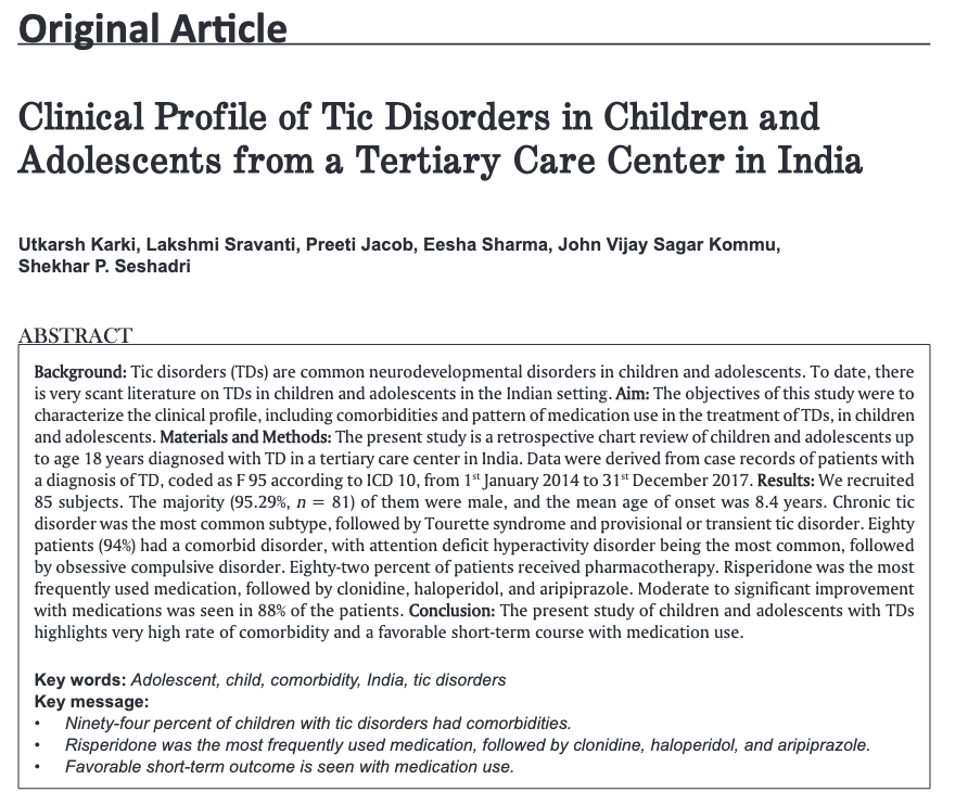 Clinical Profile of Tic Disorders in Children and  Adolescents from a Tertiary Care Center in India