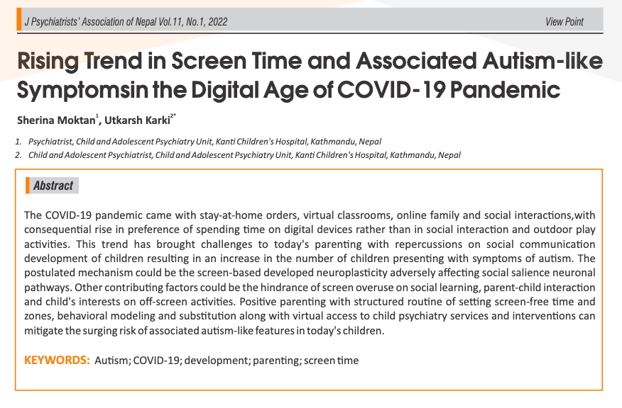 Rising Trend in Screen Time and Associated Autism-like  Symptomsin the Digital Age of COVID-19 Pandemic
