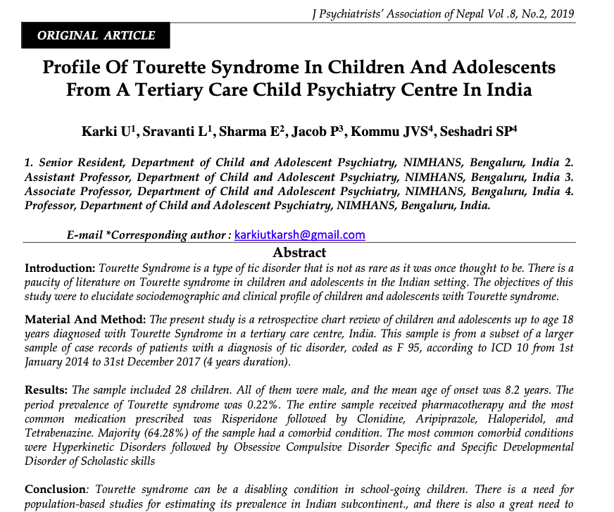 Profile Of Tourette Syndrome In Children And Adolescents  From A Tertiary Care Child Psychiatry Centre In India