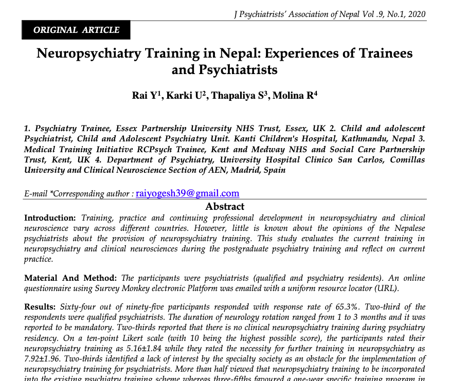 Neuropsychiatry Training in Nepal: Experiences of Trainees  and Psychiatrists Rai Y1 , Karki U2 , Thapaliya S3 , Molina R4