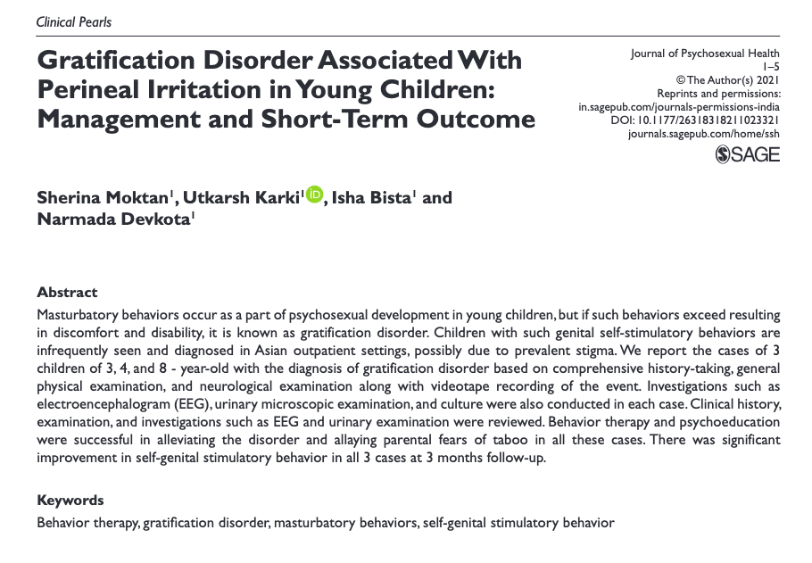 Gratification Disorder Associated With  Perineal Irritation in Young Children:  Management and Short-Term Outcome