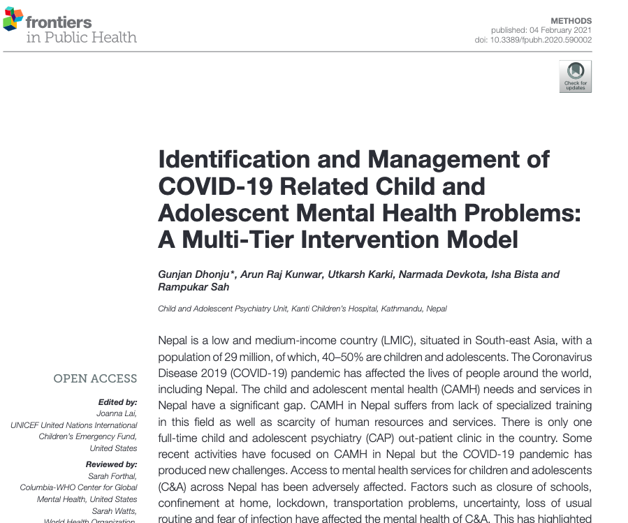 Identification and Management of COVID-19 Related Child and Adolescent Mental Health Problems: A Multi-Tier Intervention Model